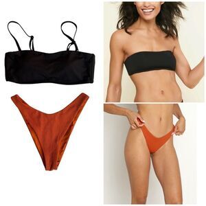 L* Space & Andie Swim 2 Piece Swimsuit Size Small Black Rio Top Rust Bottom NEW